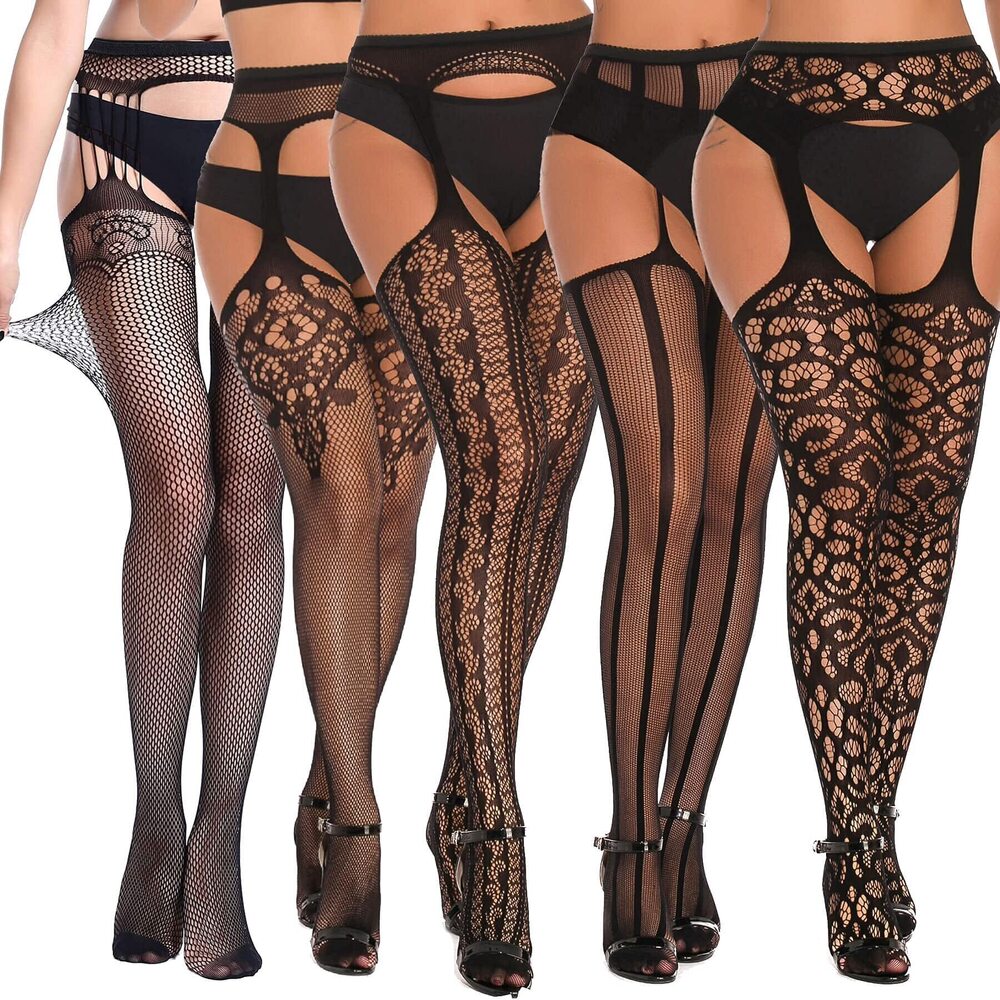 2177 5 Pairs Black Thigh High Stockings Patterned Tights-Fishnet/Net,Garter